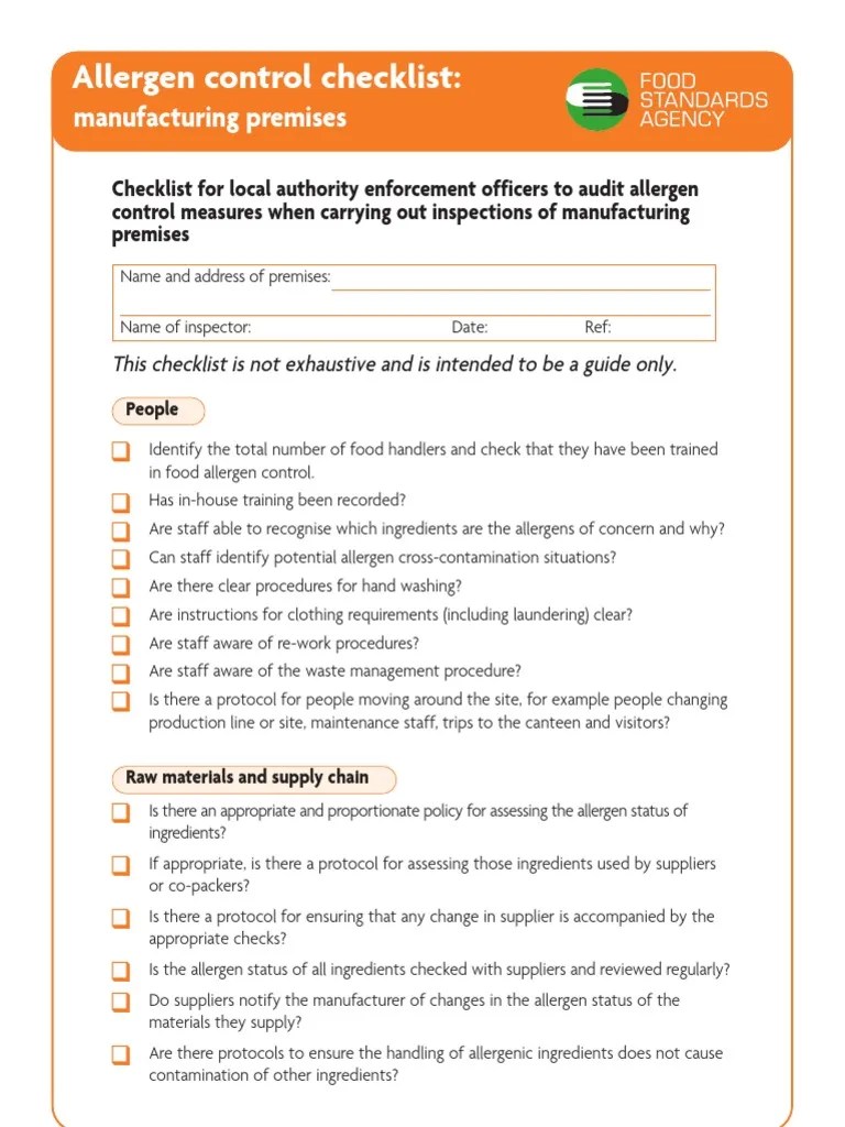 Allergen Control Checklist Manufacturer 0908 Packaging And Labeling