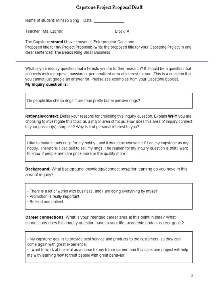 Capstone Project Proposal Draft Fillable PDF Question Inquiry