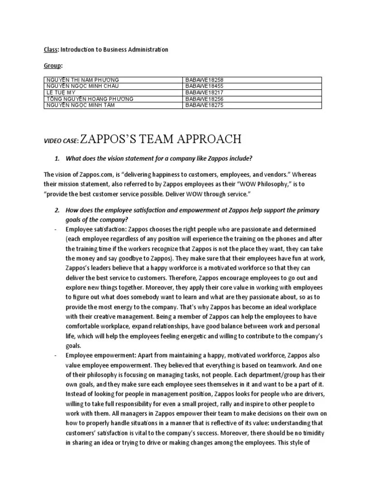 Zappos'S Team Approach Video Case 1. What Does The Vision Statement