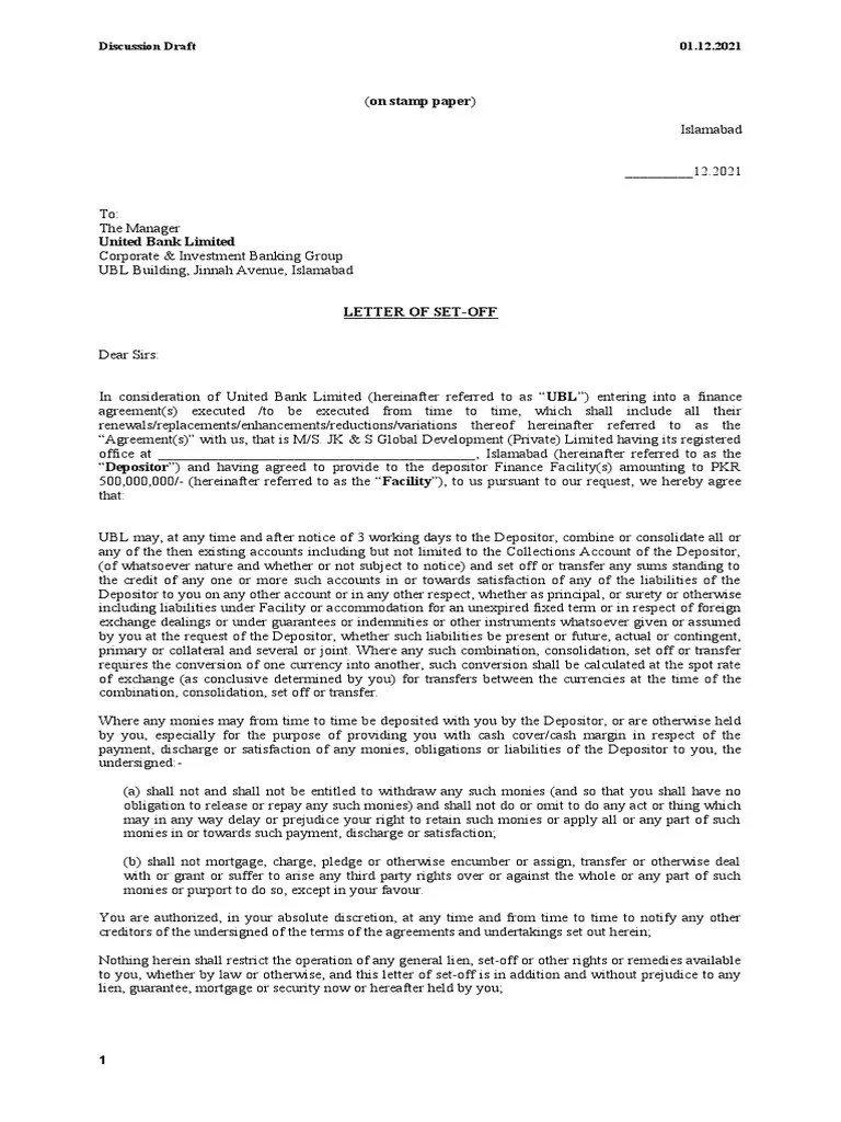 Letter of Set Off PDF Guarantee Justice