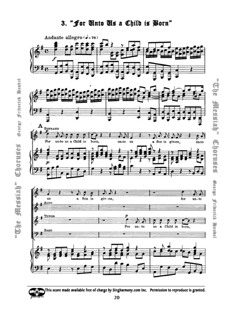 Handel For Unto Us A Child Is Born (Messiah) PDF Messiah (Handel) Works Based On The Bible