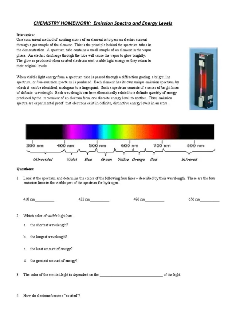 Emission Spectra Chemistry Homework | PDF | Emission Spectrum | Energy