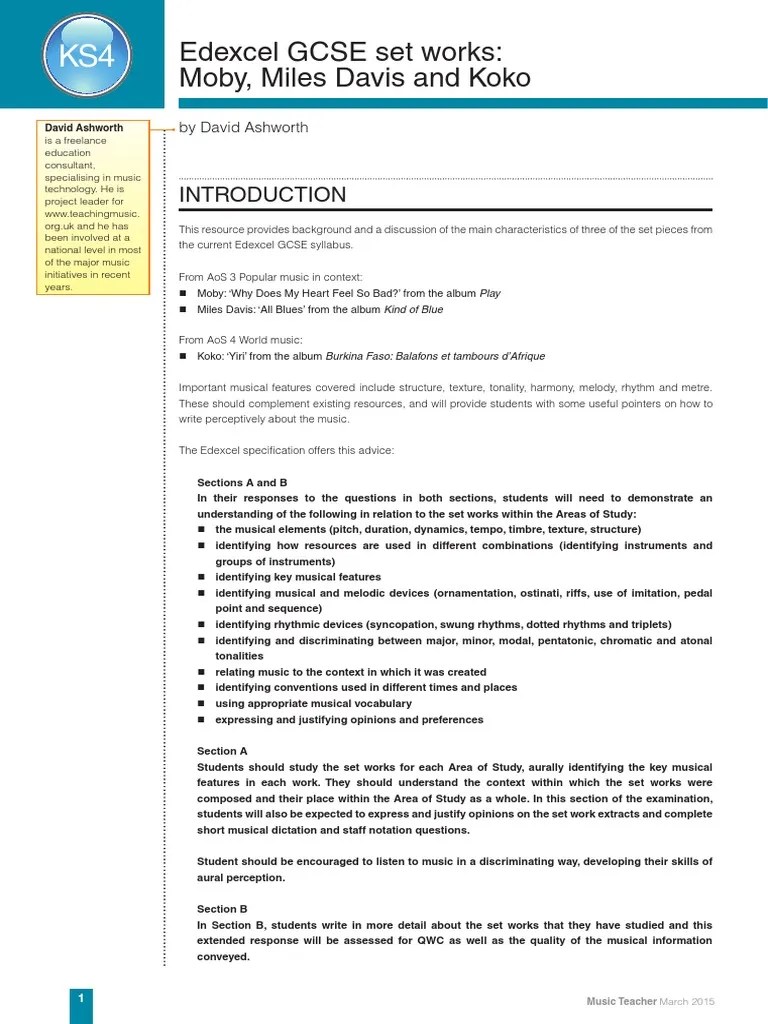 Edexcel GCSE Set Works Moby, Miles Davis and Koko by David Ashworth PDF Jazz Song Structure
