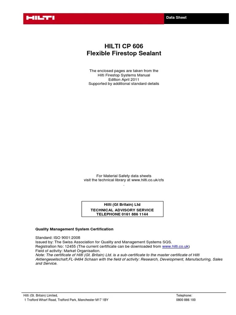 Hilti CP 606 Flexible Firestop Sealant Data Sheet PDF Drywall Pipe (Fluid Conveyance)