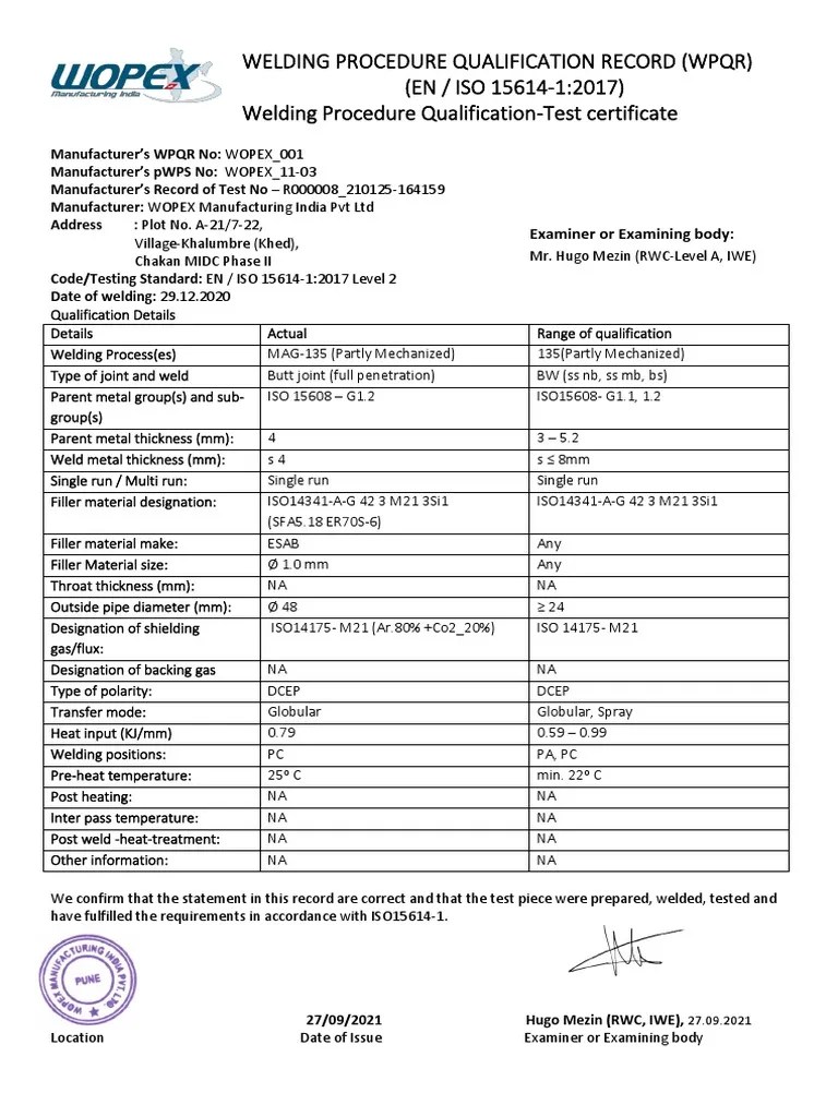 Welding Procedure Qualification Record (WPQR) (EN / ISO 1561412017