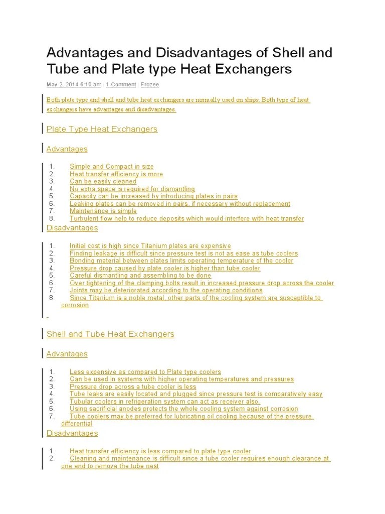 Advantages and Disadvantages of Shell and Tube and Plate Type Heat
