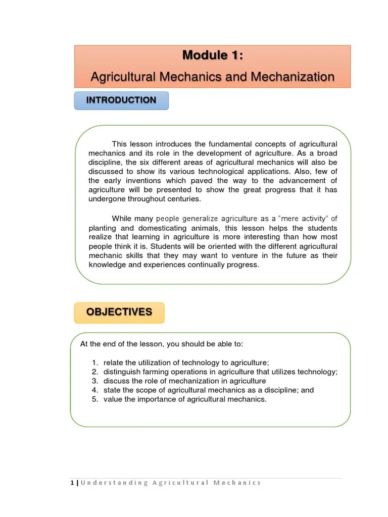 Module 1 Agricultural Mechanics and Mechanization PDF Agriculture