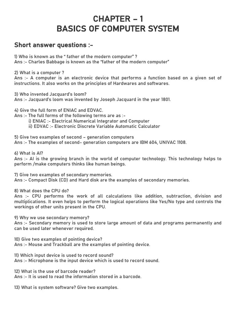 Chapter 1 Basics of Computer System PDF Computer Data Storage