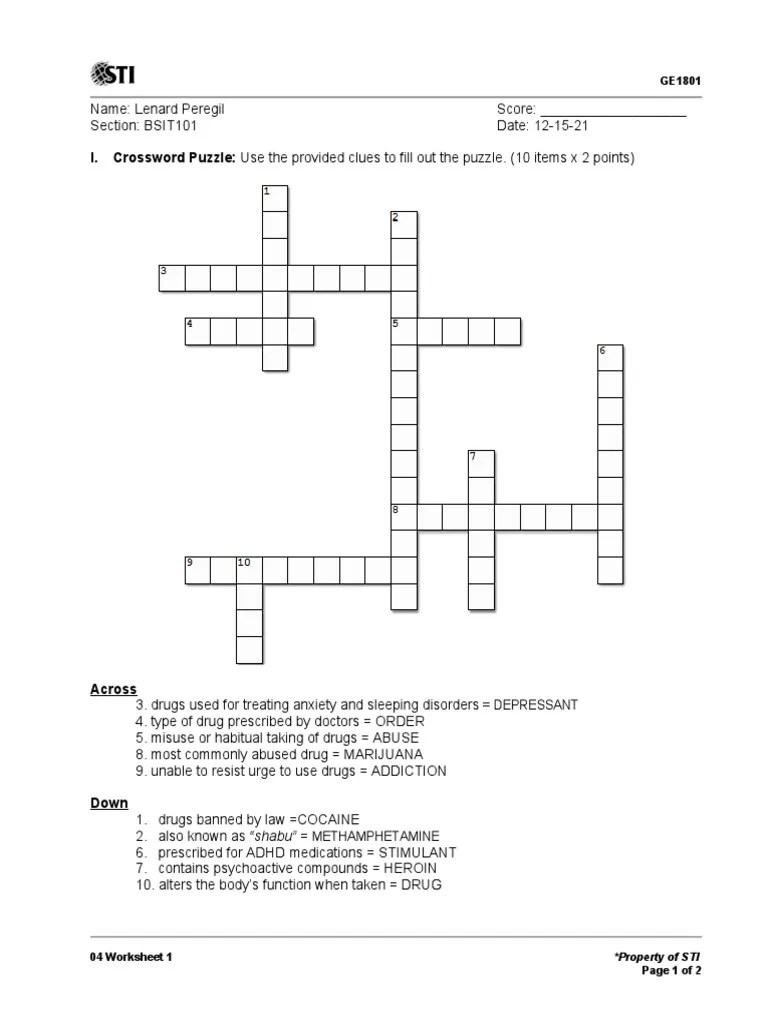 I. Crossword Puzzle Use The Provided Clues To Fill Out The Puzzle. (10