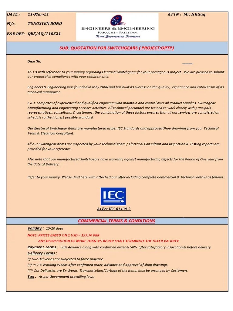 Electrical switchgear quotation for OPTP project PDF Electricity