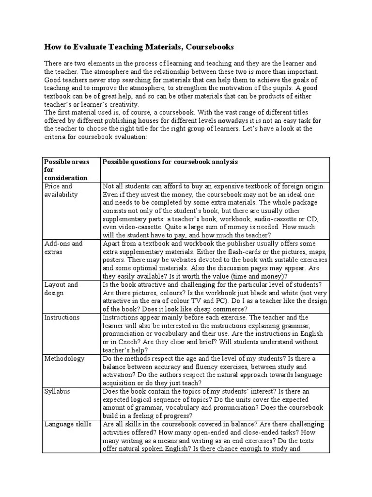 How To Evaluate Teaching Materials, Coursebooks PDF Textbook Teachers