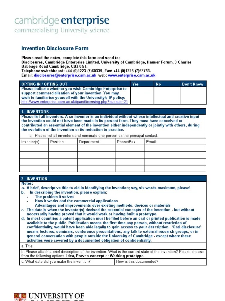 Invention Disclosure Form Prior Art Invention Free 30day Trial