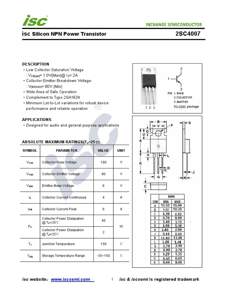 Isc 2SC4007: Silicon NPN Power Transistor | PDF | Bipolar Junction