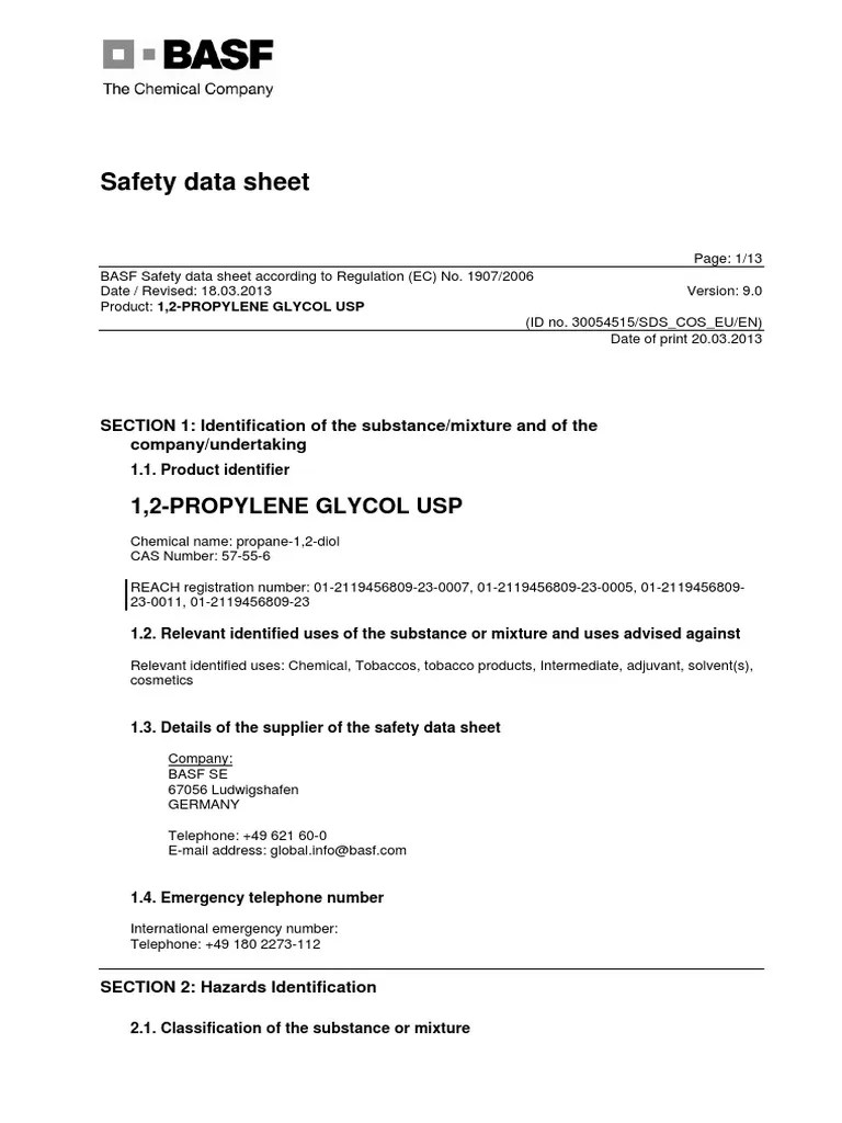 Propylene Glykol Safety Data Sheet PDF Dangerous Goods Toxicity