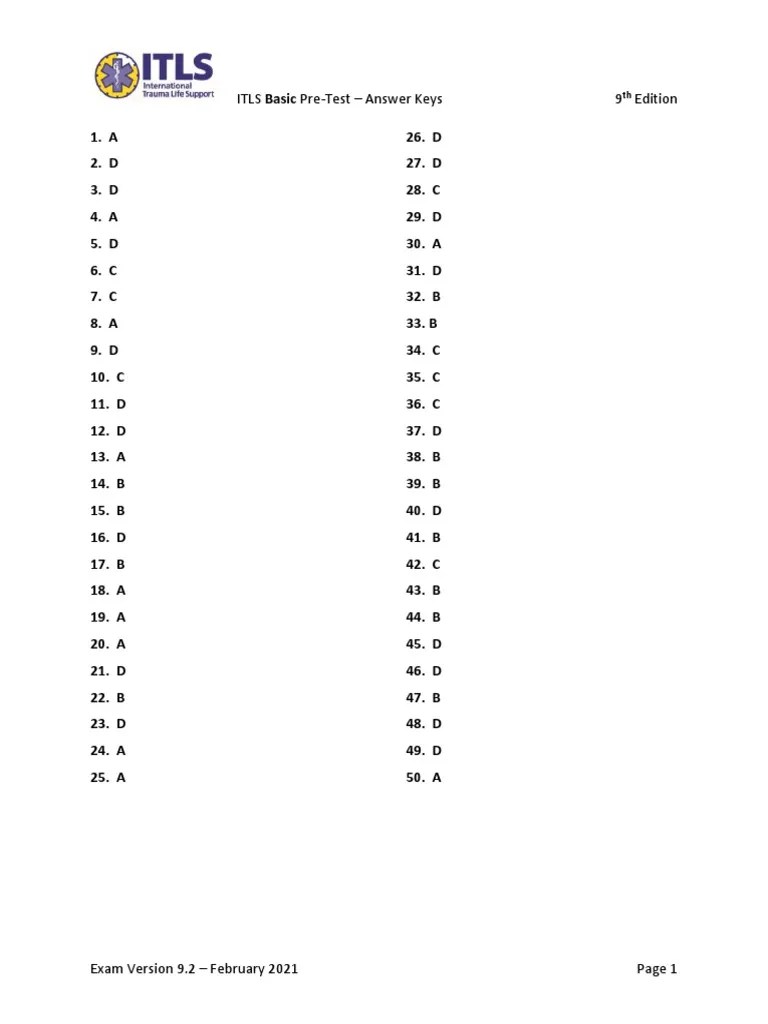 ITLS 9e Basic Pre-Test - Version 9.2 - Answer Keys | PDF | Traumatic