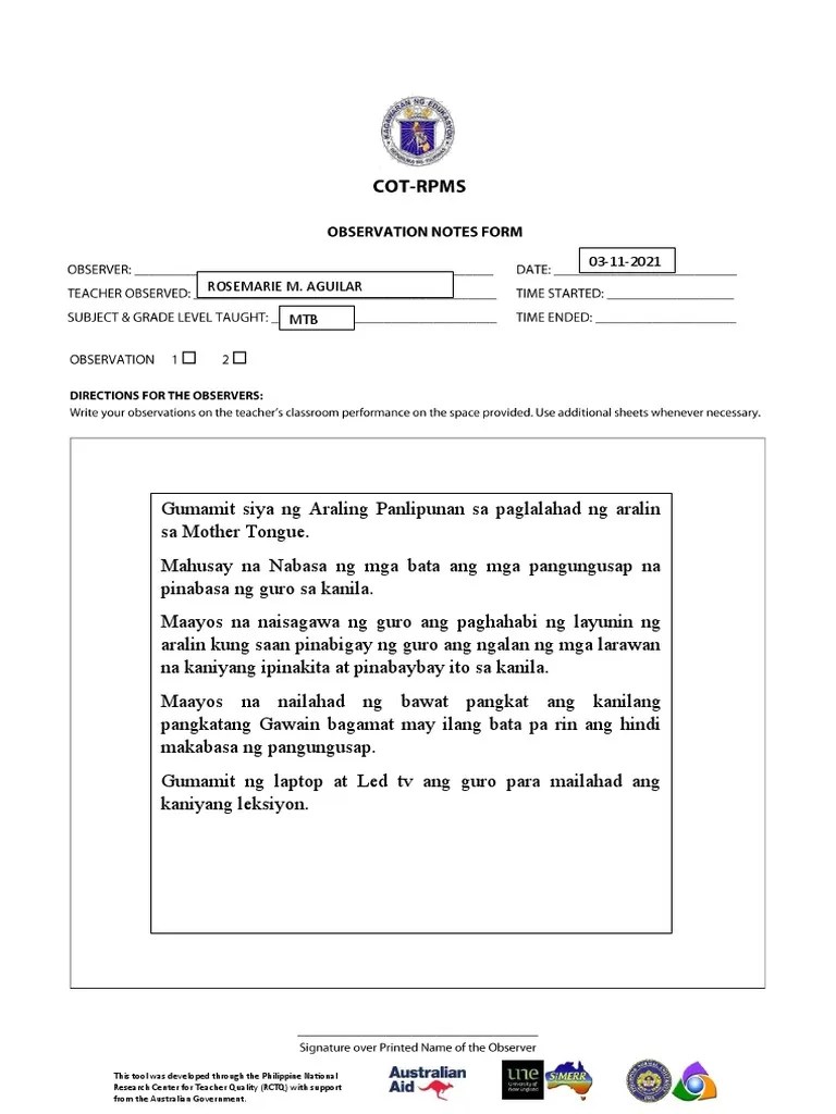 Sample Of Cot Observation Notes