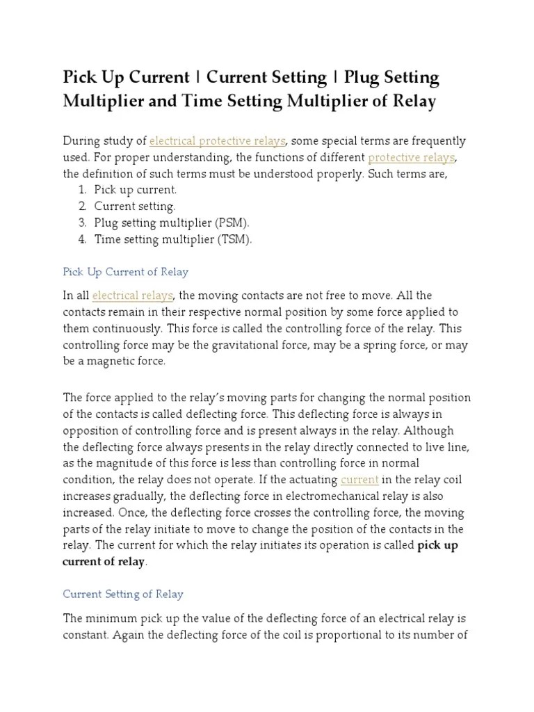 Pick Up Current Current Setting Plug Setting Multiplier and Time