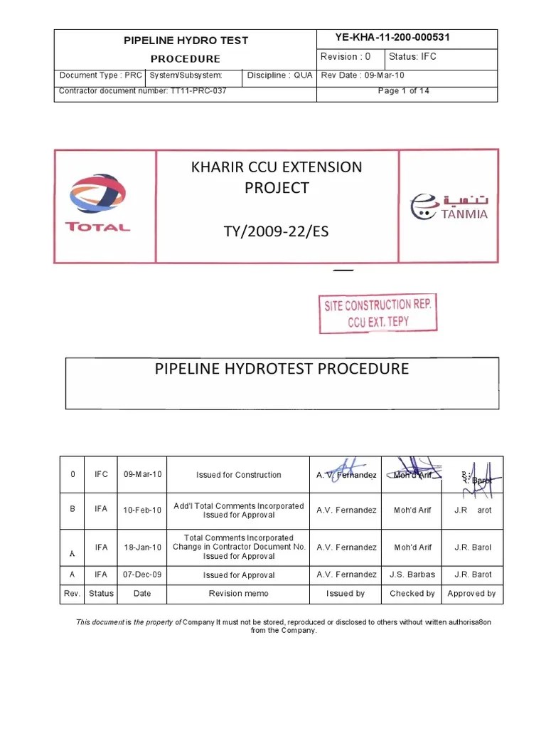 TT11 PRC 037 Rev.0 Pipeline Hydrotest Procedure PDF Pipeline