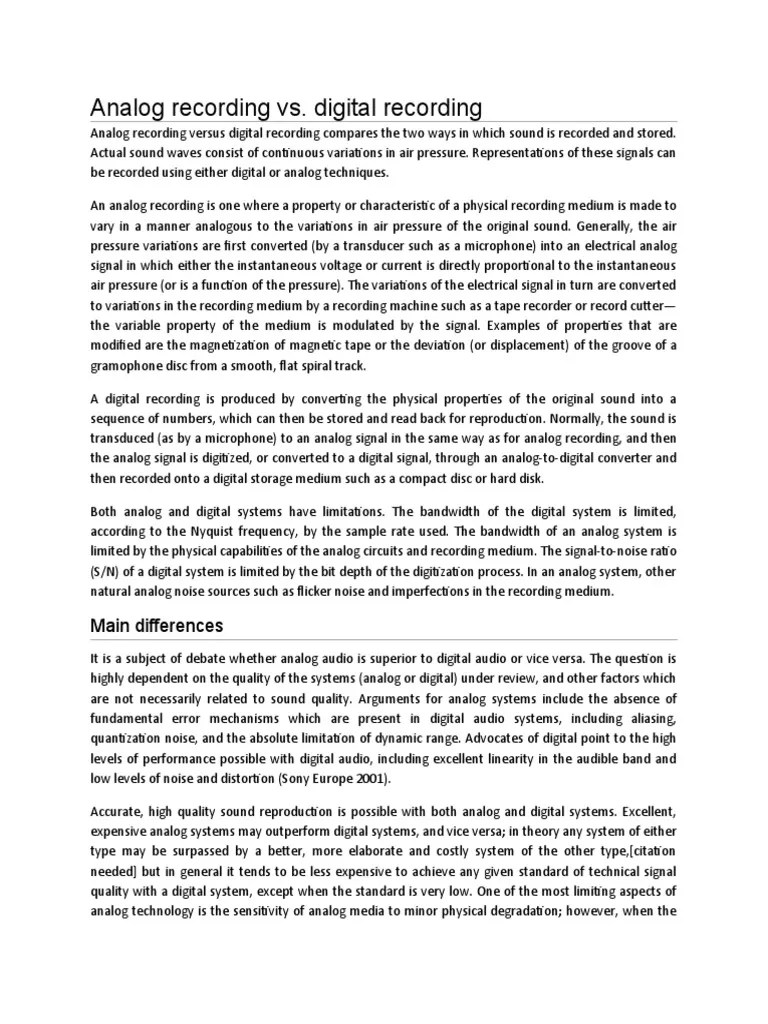Analog Recording Vs Digital Recording PDF Sampling (Signal