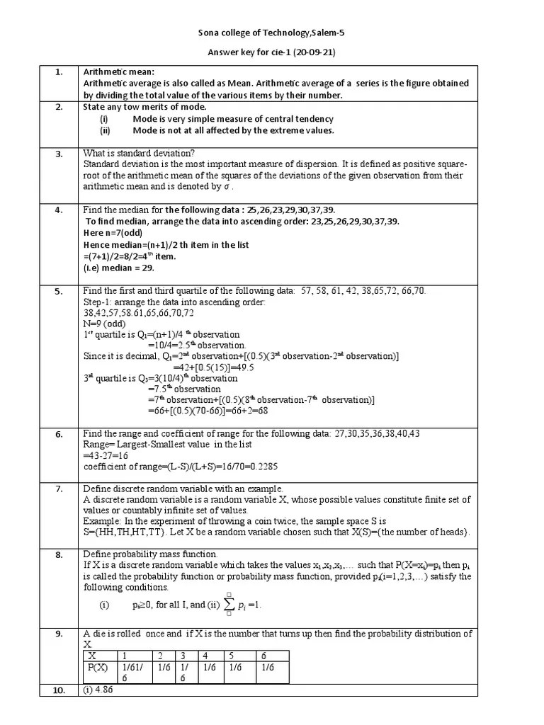 Answer Key | PDF | Mean | Probability Distribution
