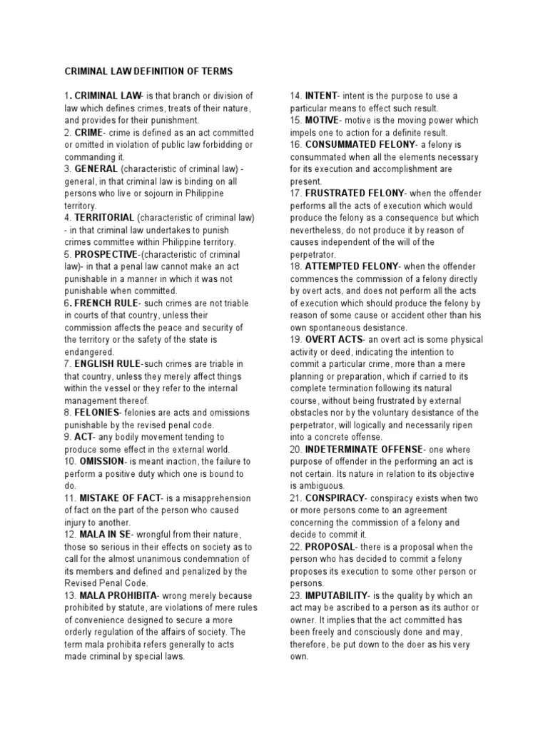 Criminal Law Definition of Terms PDF Evidence (Law) Crime & Violence