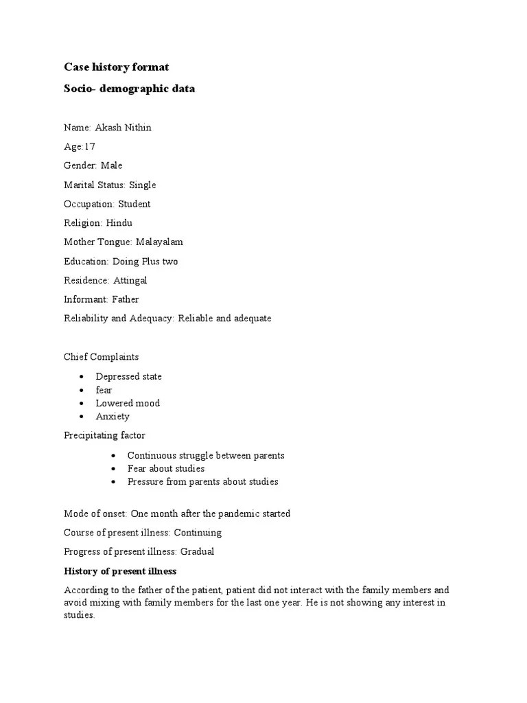 Case History Format Descargar gratis PDF Anxiety Medicine