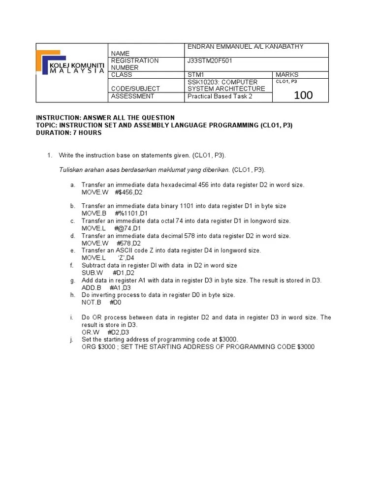 Instruction Answer All The Question Topic Instruction Set and