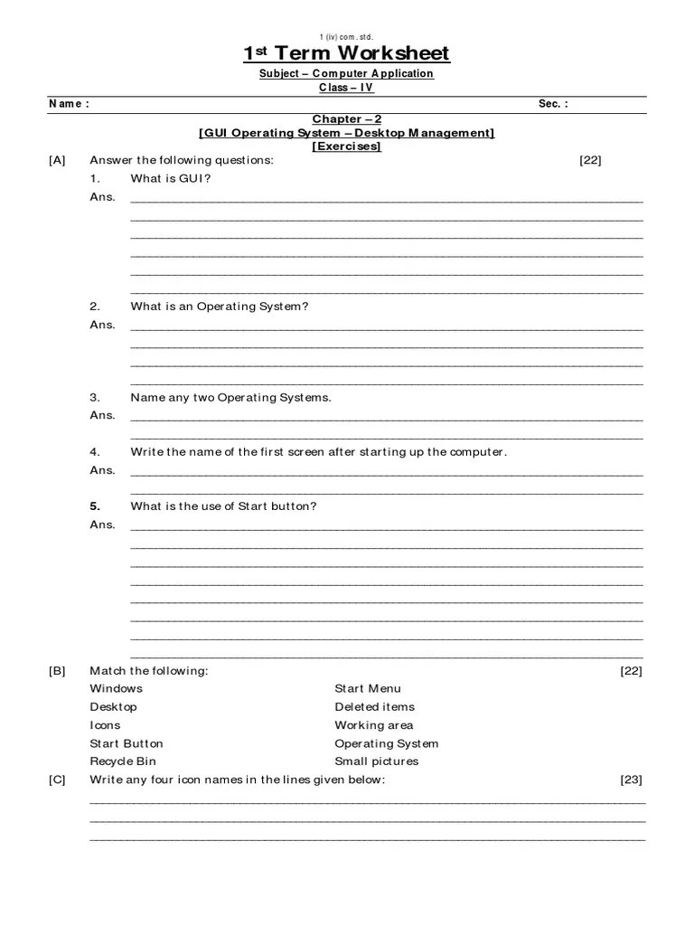 1 Term Worksheet Subject Computer Application Class IV Name Sec