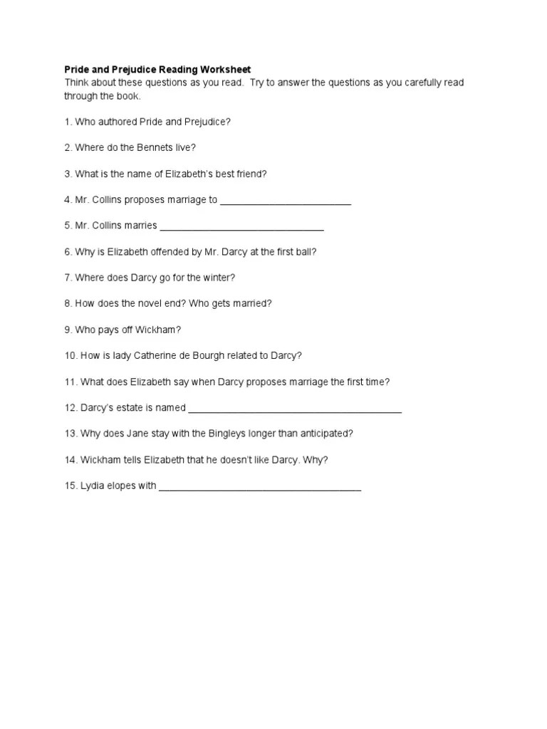 Pride and Prejudice Reading Worksheet PDF Pride And Prejudice Mr. Darcy