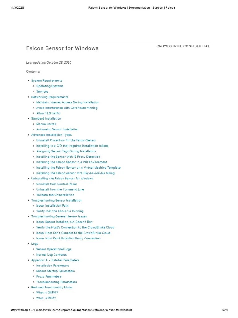 Falcon Sensor For Windows - Documentation - Support - Falcon | PDF