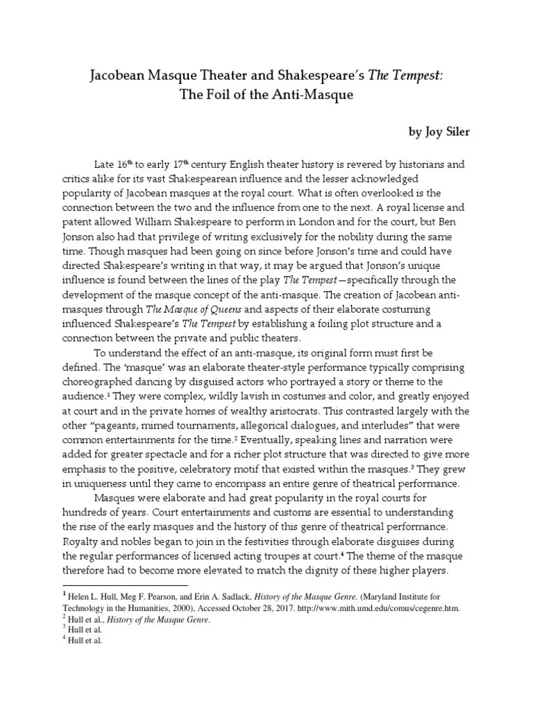 Jacobean Masque Theater and Shakespeare The Tempest The Foil of The