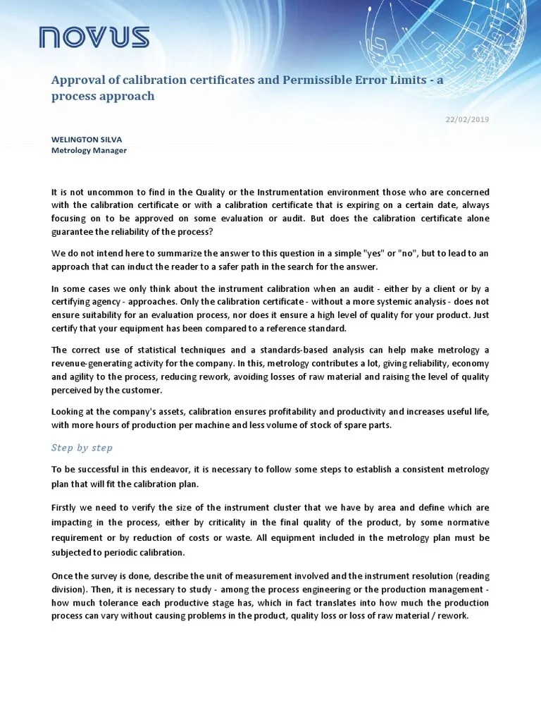 Approval of Calibration Certificates and Permissible Error Limits A