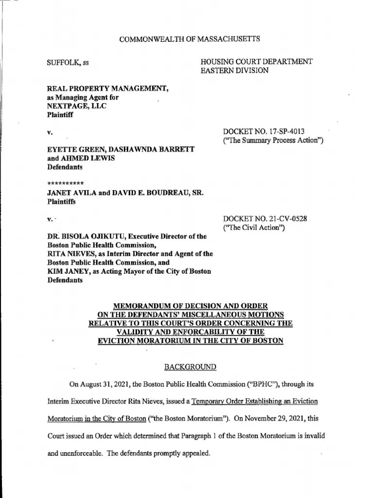Boston Eviction Moratorium Order On Motion To Stay PDF