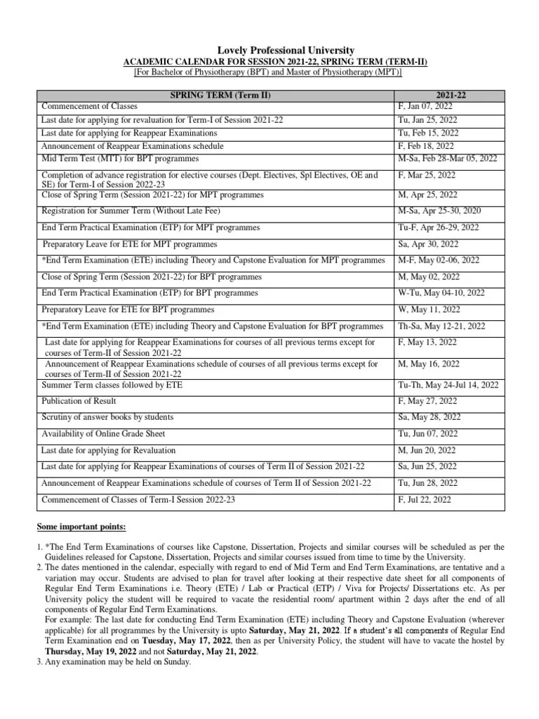 2 Academic Calendar For BPT and MPT PDF Thesis Academia