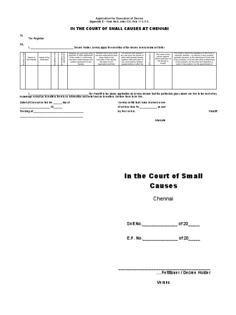 In The Court of Small Causes at Chennai Application For Execution of
