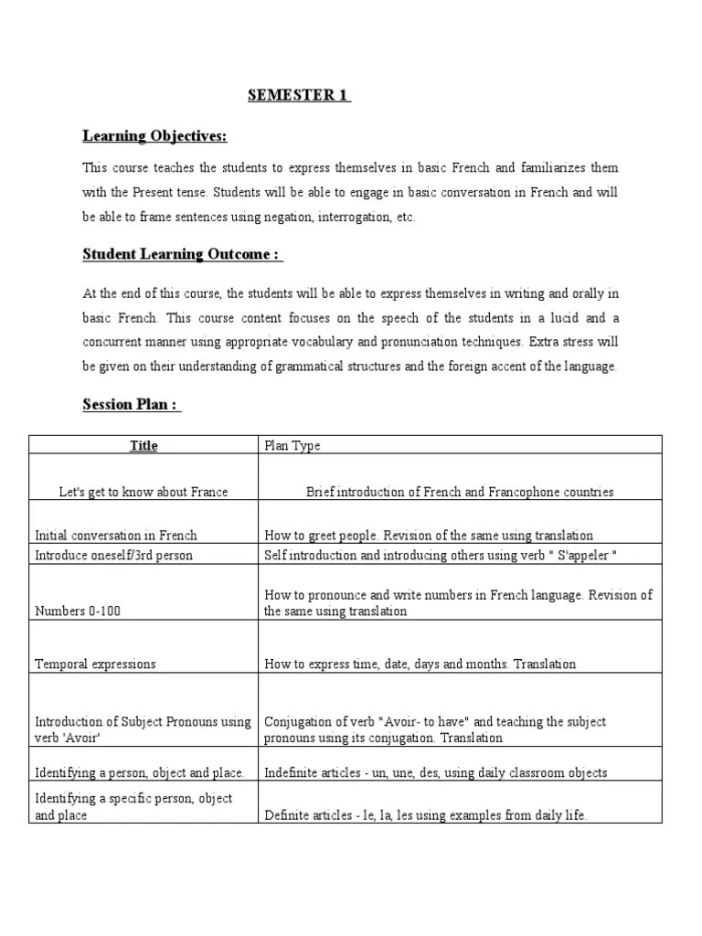Semester 1 Learning Objectives Title PDF French Language