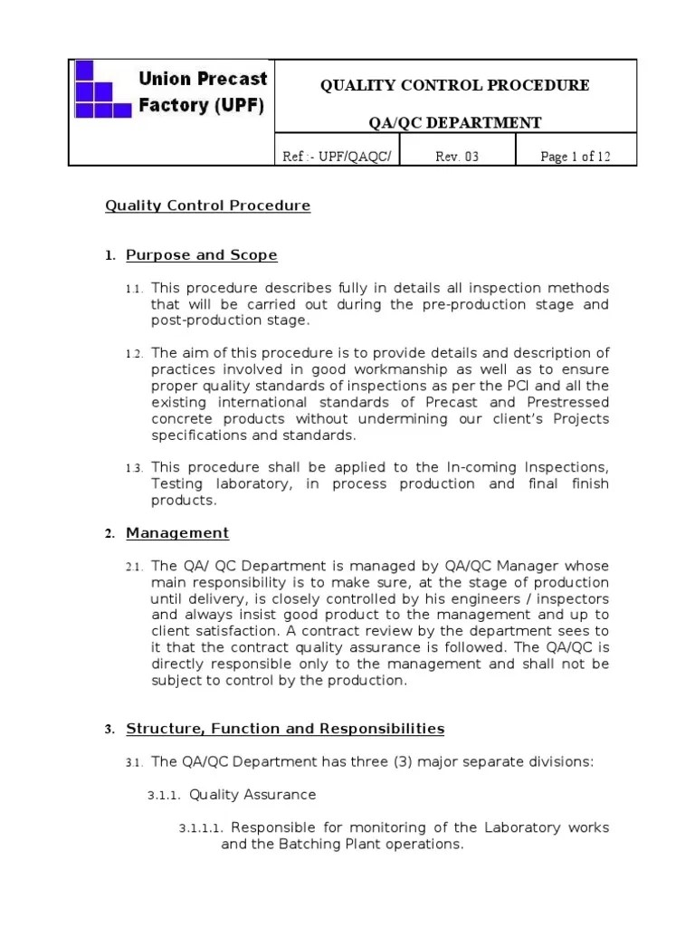 Quality Control Procedure PDF Quality Assurance Precast Concrete