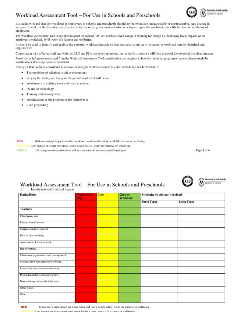 Workload Assessment Tool PDF Workload Classroom