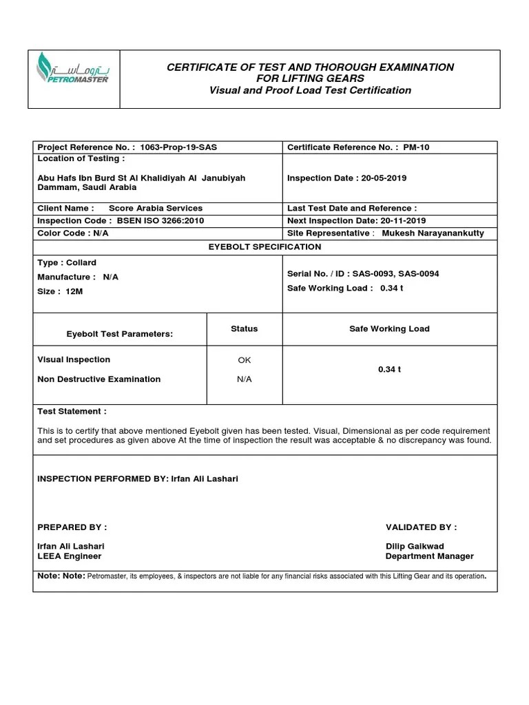 Certificate of Test and Thorough Examination For Lifting Gears Visual and Proof Load Test