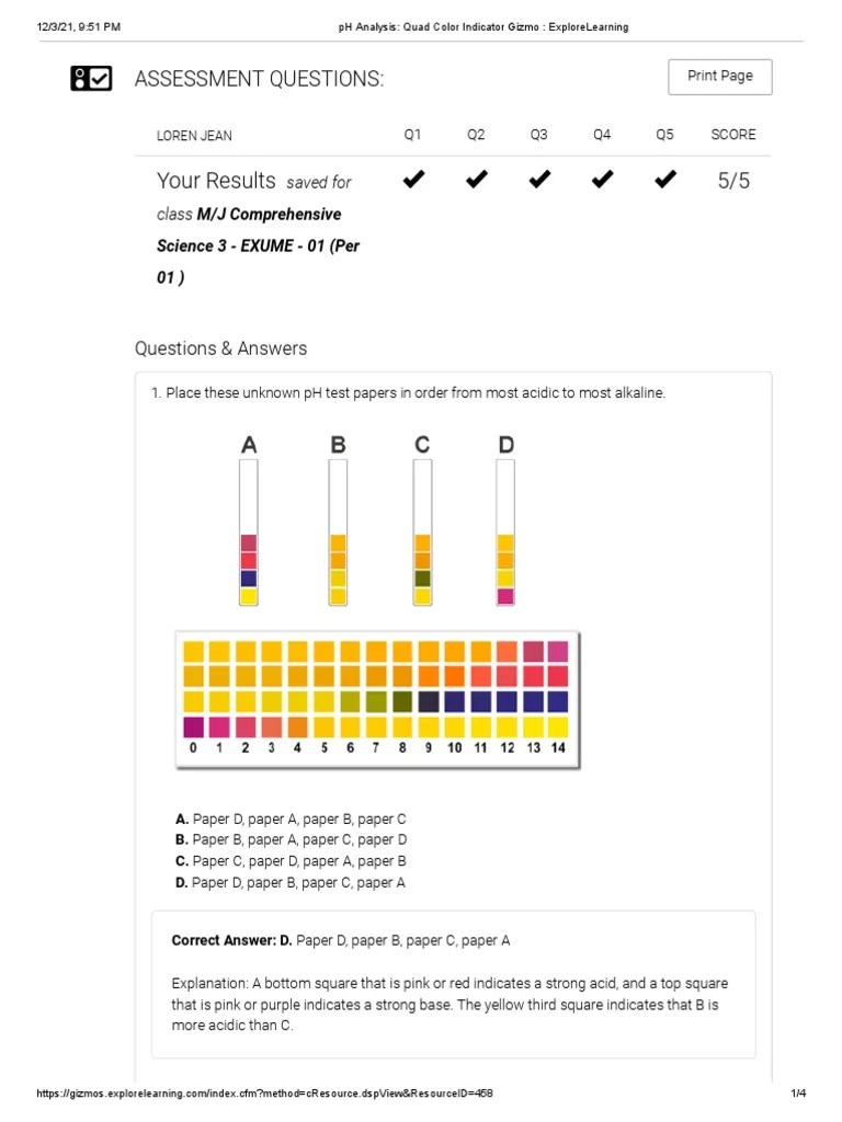 PH Analysis - Quad Color Indicator Gizmo - ExploreLearning | PDF | Ph
