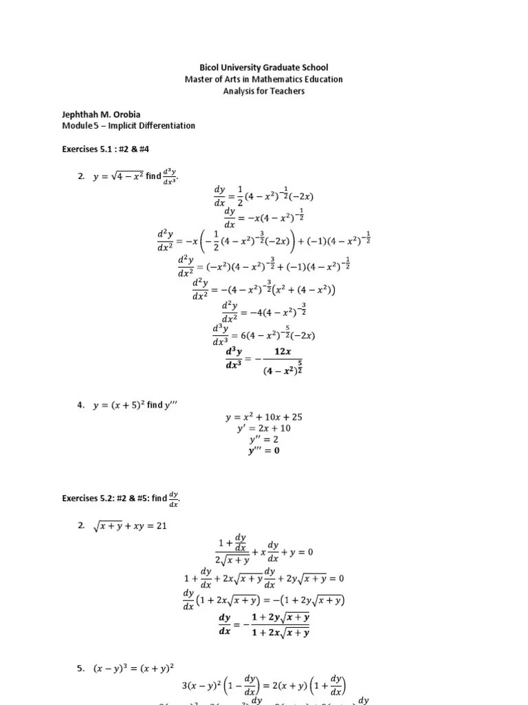 Implicit Differentiation MA Math Ed Analysis For Teachers Module