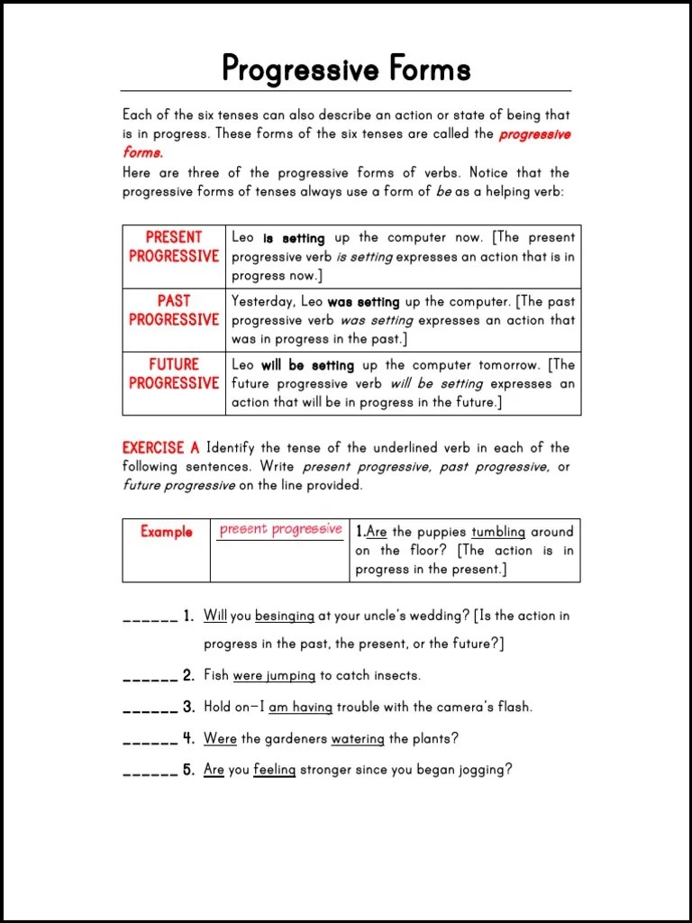 Progressive Verb Tense Worksheets | PDF | Grammatical Tense | Verb