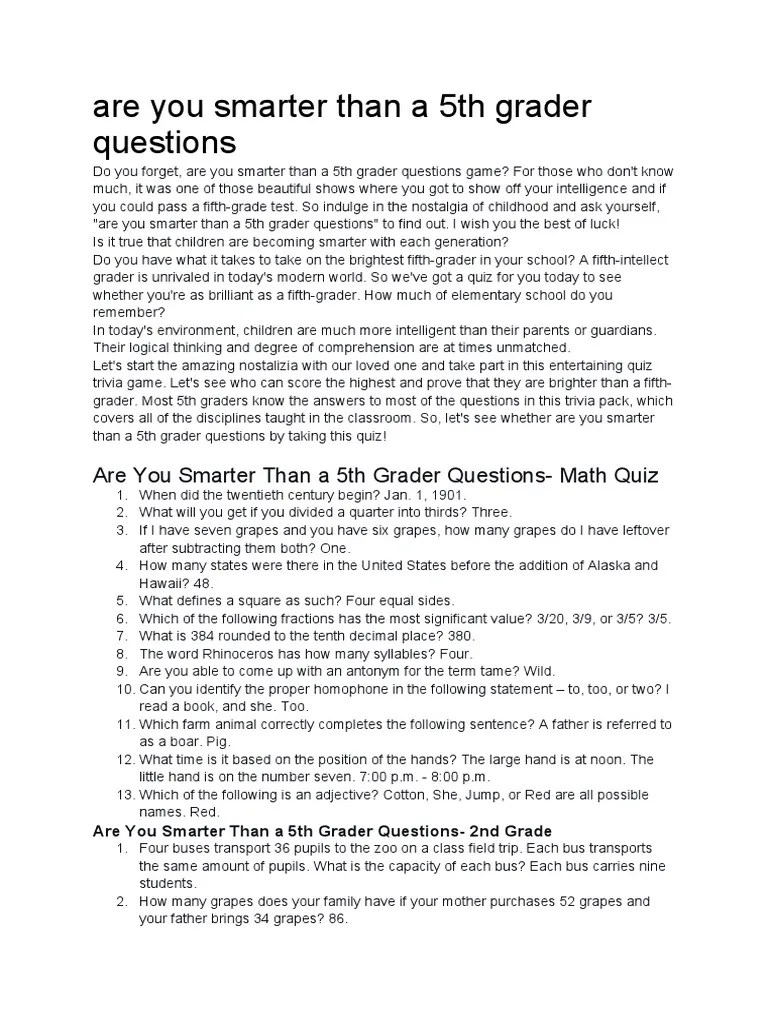 Are You Smarter Than A 5th Grader Questions PDF The United States(05)