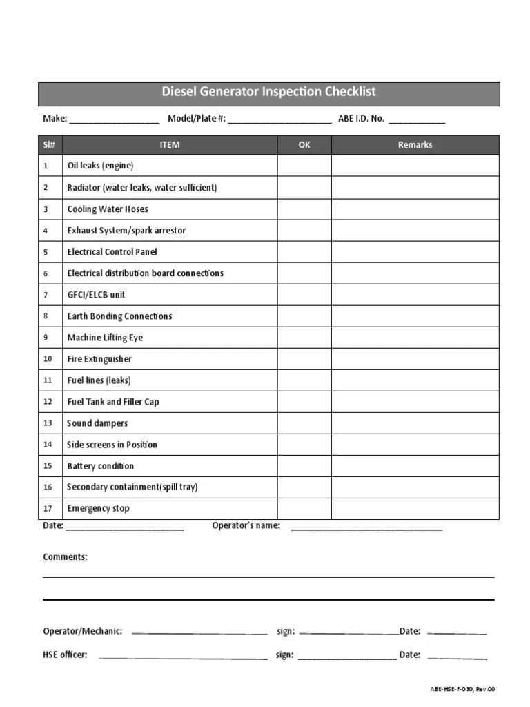 F030Diesel Generator Inspection Checklist PDF