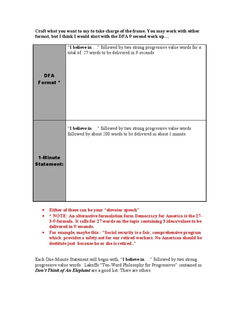 Elevator Speech and First Framing Worksheet Free Will Integrity