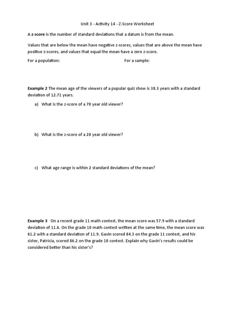 Unit 3 Activity 14 ZScore Worksheet PDF