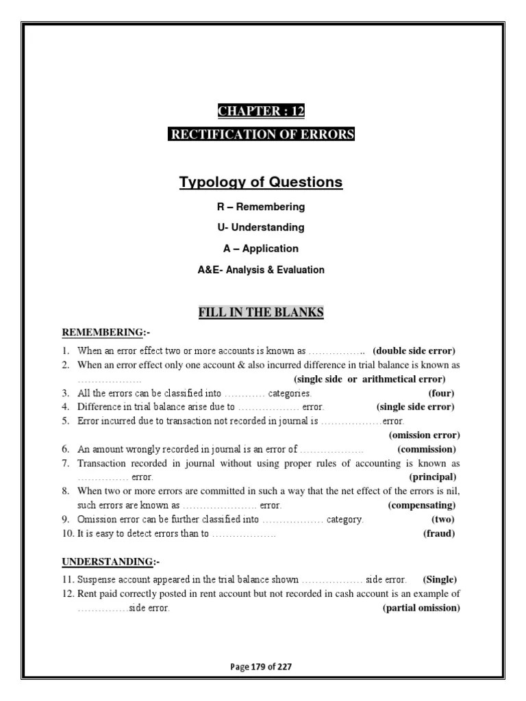 MCQ On Rectification of Errors Accounts PDF Debits And Credits