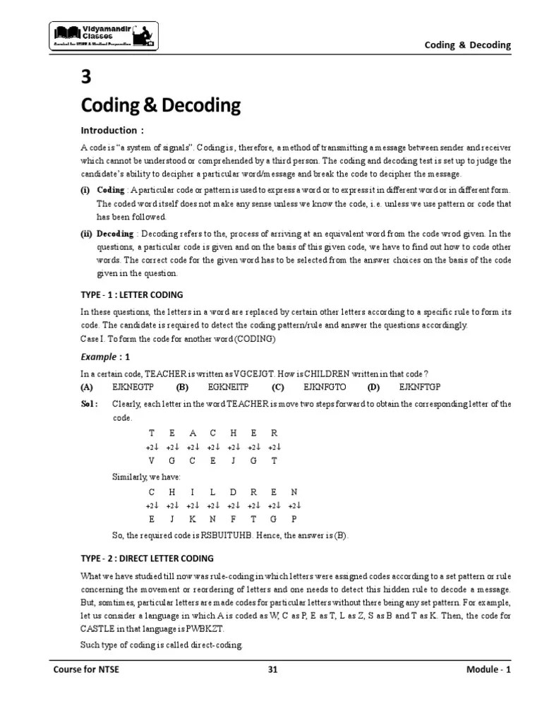 Coding & Decoding PDF Code Numbers
