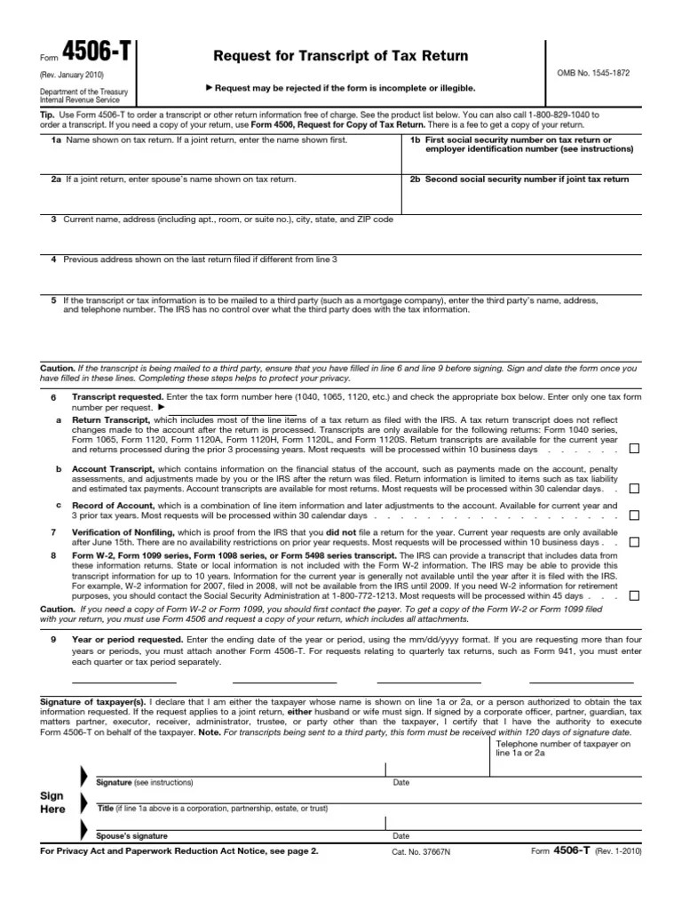 4506t PDF Version (Form Fillable) Request for Transcript of Tax