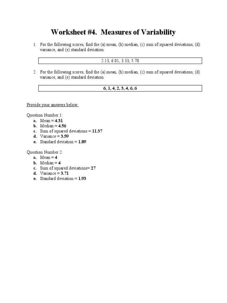 Worksheet 4 Measures of Variability PDF